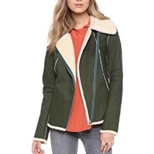 REBECCA MINKOFF Quinn Green Faux Shearling Moto Bomber Jacket NWOT